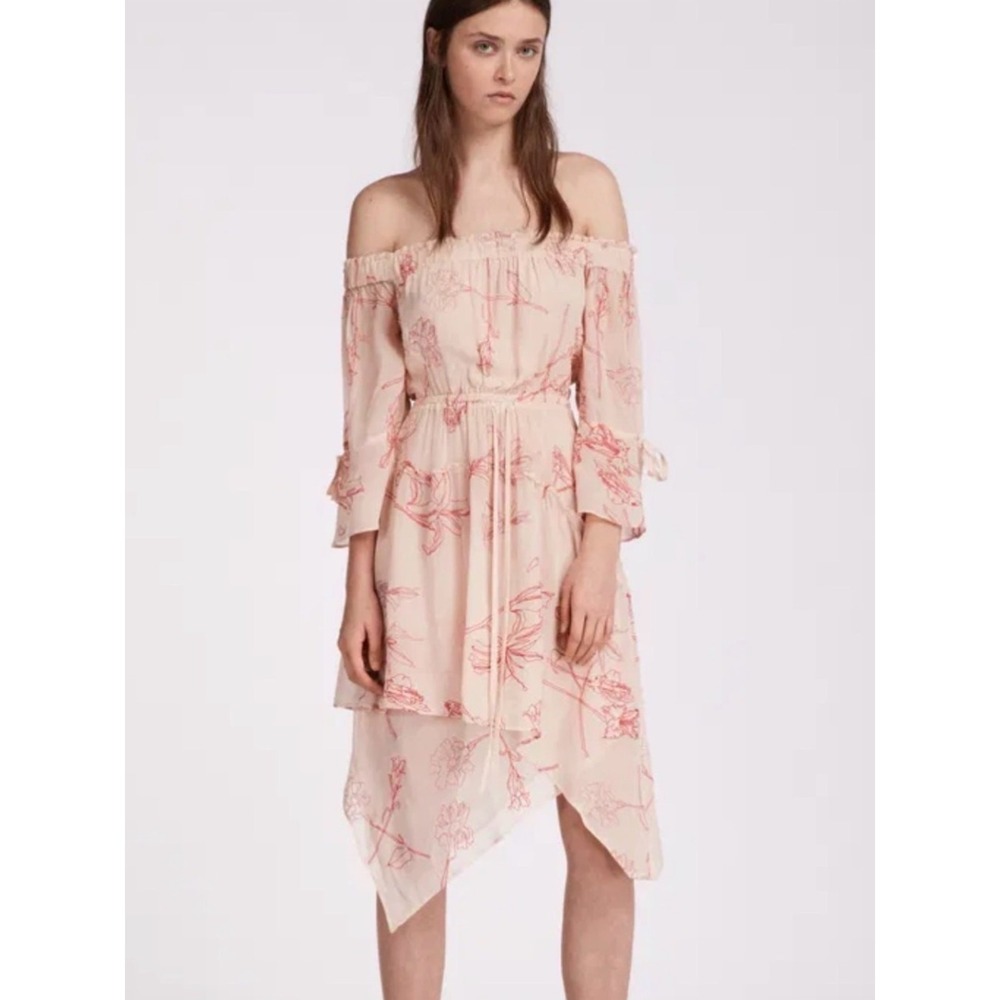 AllSaints Rina Verity Off Shoulder Handkerchief-Hem Blush Pink Dress Size XS